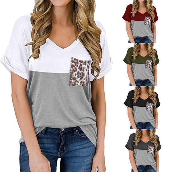 2021 summer new women's casual v-neck leopard pocket t-shirt color matching loose short sve top, White 
2021 summer new women's casual v-neck leopard pocket t-shirt color matching loose short sve top, White