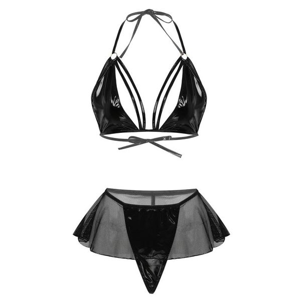 one-piece suits women two-piece patent leather lingerie suit mesh nightwear lace-up unlined bra with skirted g-string thong outfits
one-piece suits women two-piece patent leather lingerie suit mesh nightwear lace-up unlined bra with skirted g-string thong outfits