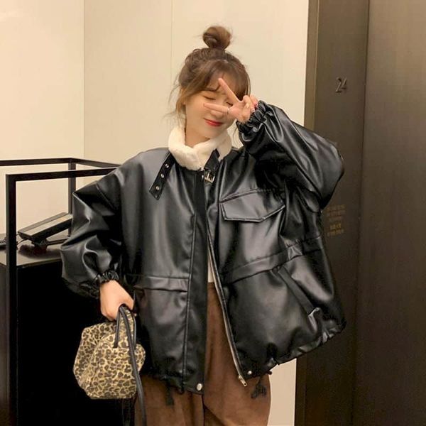 women's leather & faux or girls'leather jacket with long sleeves korean quilt winter cq57, Black
women's leather & faux or girls'leather jacket with long sleeves korean quilt winter cq57, Black