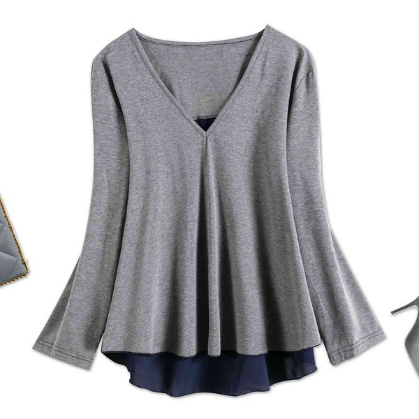 women's plus size hy365077 solid color v-ne splicing long sleeve t-shirt loose large simple top
women's plus size hy365077 solid color v-ne splicing long sleeve t-shirt loose large simple top