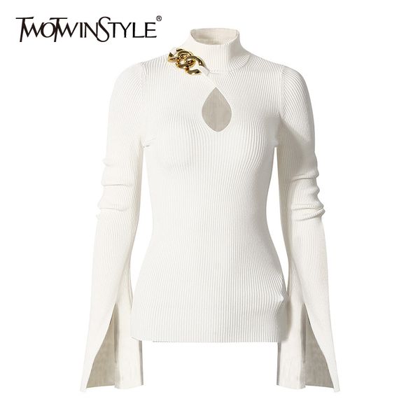 twotwinstyle patchwork chain knitted pullovers for women turtleneck flared collar hollow out slim sweater female 2021 fall new, White;black
twotwinstyle patchwork chain knitted pullovers for women turtleneck flared collar hollow out slim sweater female 2021 fall new, White;black