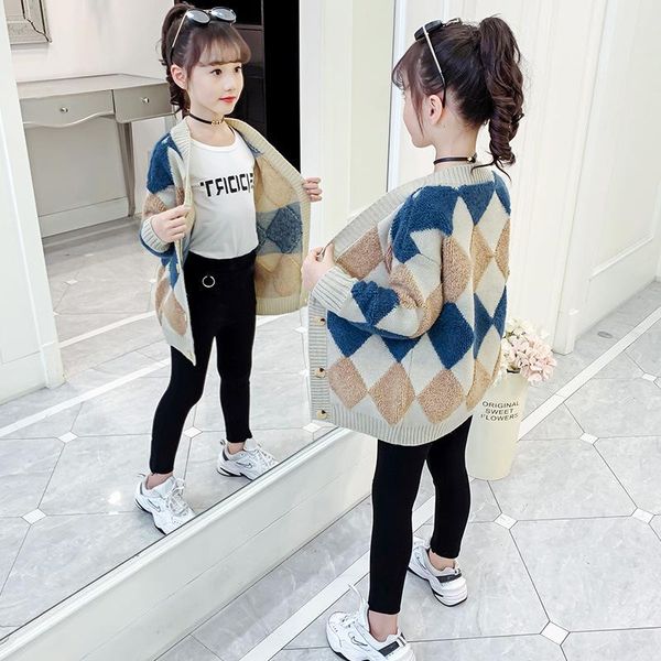 pullover 2021 girls sweater contrast color diamond pattern button placket soft warm comfortable autumn winter knitwear cardigan, Blue
pullover 2021 girls sweater contrast color diamond pattern button placket soft warm comfortable autumn winter knitwear cardigan, Blue