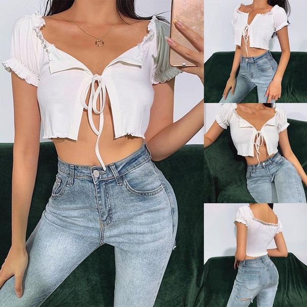 women lace-up cardigan ruffle sleeves boat neck solid color crop summer casual styles women's t-shirt, White
women lace-up cardigan ruffle sleeves boat neck solid color crop summer casual styles women's t-shirt, White