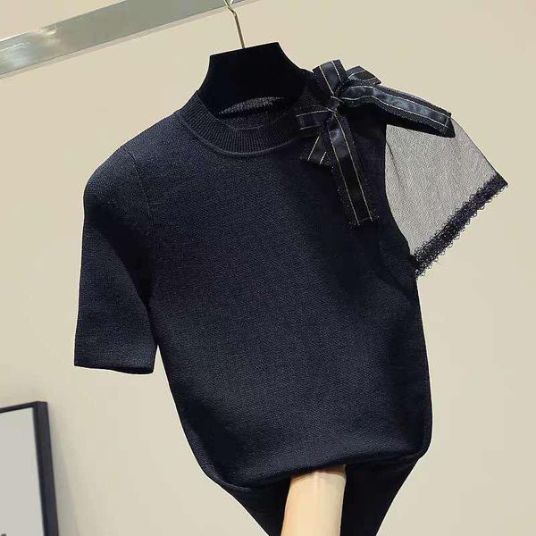 women's t-shirt mesh stitching thin short-sleeved knitted women 2021 slim and bow black top, White
women's t-shirt mesh stitching thin short-sleeved knitted women 2021 slim and bow black top, White