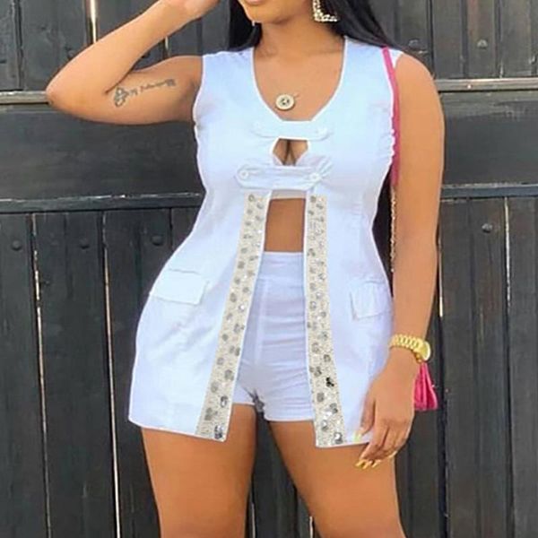 summer solid ol sequin two piece shorts sets office lady white hollow out women sleeveless pocket club outfits casual suits 2021 women', Gray
summer solid ol sequin two piece shorts sets office lady white hollow out women sleeveless pocket club outfits casual suits 2021 women', Gray