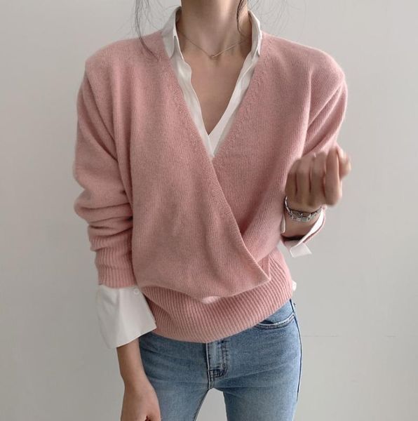 elegant autumn winter women's v neck sweaters fashion chic long sleeve pink knitting pullover lady korean knitwears, White;black 
elegant autumn winter women's v neck sweaters fashion chic long sleeve pink knitting pullover lady korean knitwears, White;black