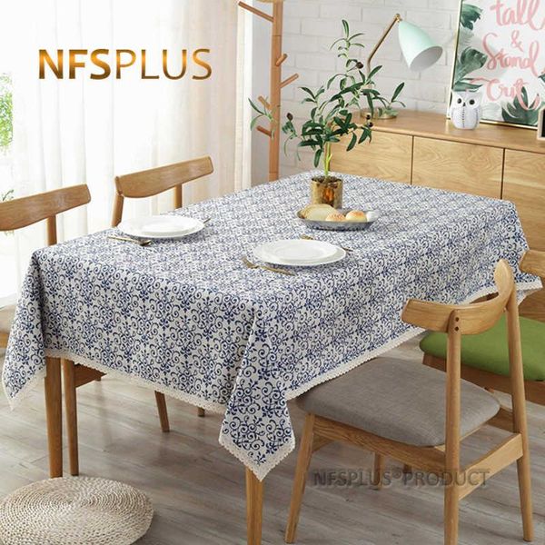 table cloth blue and white porcelain with lace trim blending cotton linen fabric home decorative tablecloth cover 
table cloth blue and white porcelain with lace trim blending cotton linen fabric home decorative tablecloth cover