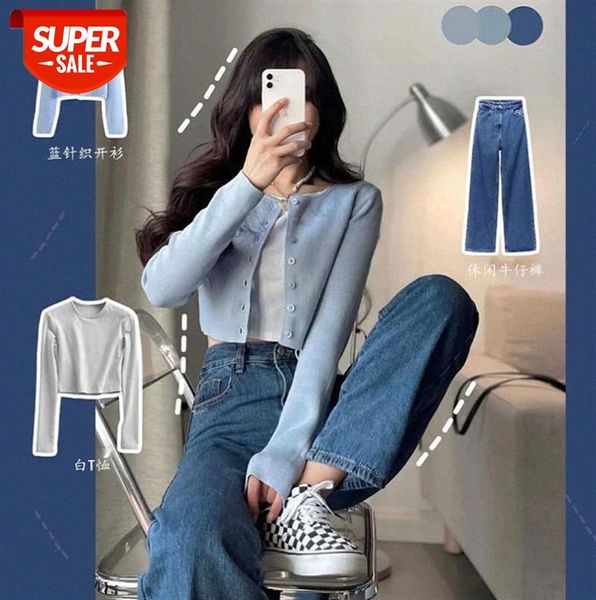 knit cardigan jacket women's blue high waist short milking shirt wide leg straight jeans student casual set #n23m, Black
knit cardigan jacket women's blue high waist short milking shirt wide leg straight jeans student casual set #n23m, Black
