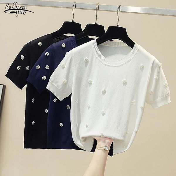 women's blouses & shirts 2021 summer korean chic beading short sleeve woman round neck casual knitted blouse solid color slim 15418, White
women's blouses & shirts 2021 summer korean chic beading short sleeve woman round neck casual knitted blouse solid color slim 15418, White