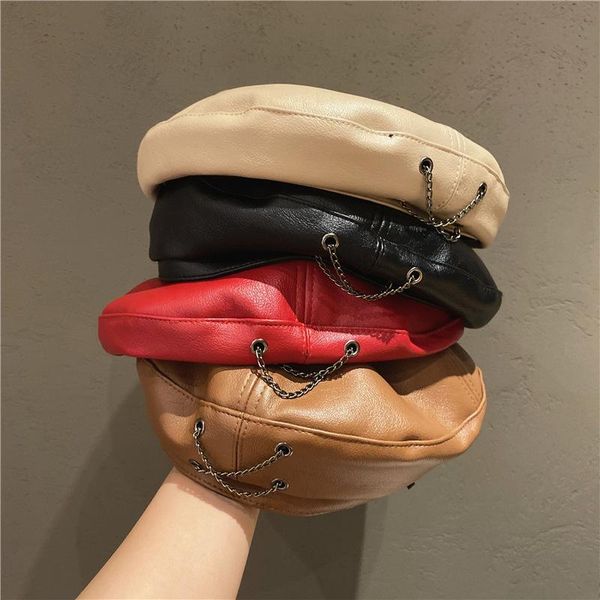 berets korean version of the cross chain hat female autumn and winter all-match imitation leather rivet painter british retro beret, Blue;gray
berets korean version of the cross chain hat female autumn and winter all-match imitation leather rivet painter british retro beret, Blue;gray