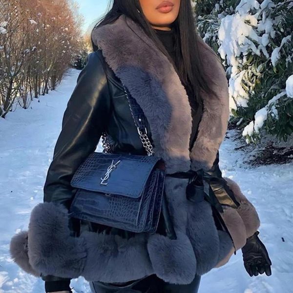 women's leather & faux 2021 winter jacket stitching fur collar cuff coat belt slim elegant warm thick overcoat female, Black
women's leather & faux 2021 winter jacket stitching fur collar cuff coat belt slim elegant warm thick overcoat female, Black