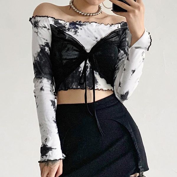 women's t-shirt autumn 2021 style ink painting wood print lace strap off shoulder short collar, White
women's t-shirt autumn 2021 style ink painting wood print lace strap off shoulder short collar, White