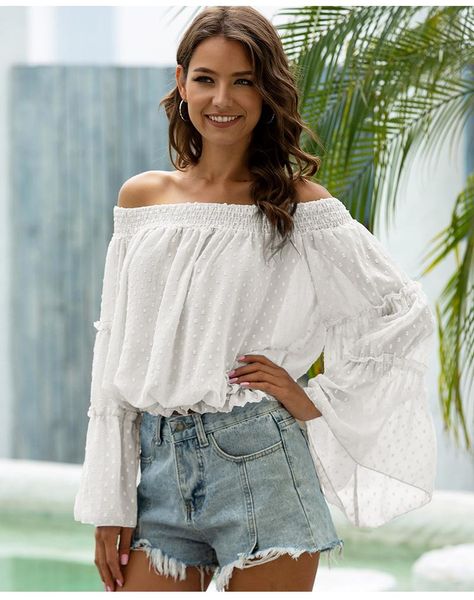 women's t-shirt off shoulder shirt autumn trumpet long sleeve chiffon tshirt word shouder loose neckline floral casual ladies, White
women's t-shirt off shoulder shirt autumn trumpet long sleeve chiffon tshirt word shouder loose neckline floral casual ladies, White