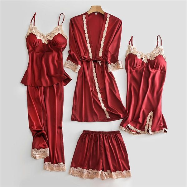 5pcs pajams set satin womens sleepwears wedding kimono bath gown lace trim intimate lingerie casual sleep v neck nightwear, Black;red
5pcs pajams set satin womens sleepwears wedding kimono bath gown lace trim intimate lingerie casual sleep v neck nightwear, Black;red