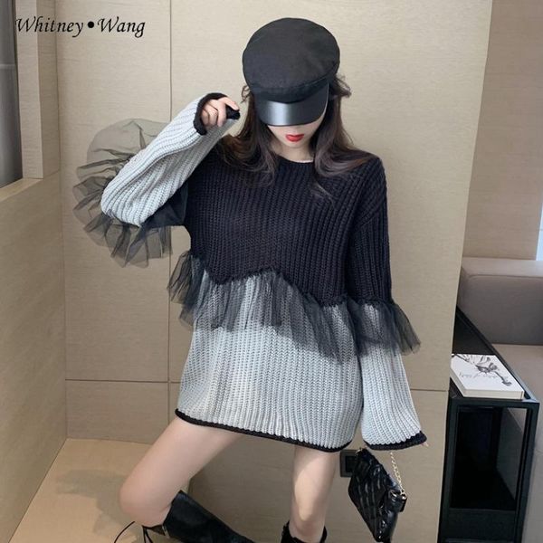 women's sweaters whitney wang 2021 autumn fashion streetwear colors contrast mesh ruffles patchwork sweater women jumper pullover, White;black
women's sweaters whitney wang 2021 autumn fashion streetwear colors contrast mesh ruffles patchwork sweater women jumper pullover, White;black