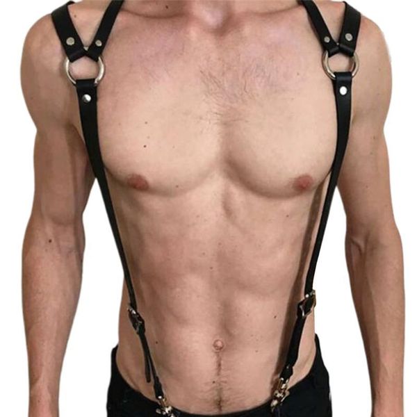 men faux leather body chest harness adjusted sling buckle o-rings suspender belt, Black;white
men faux leather body chest harness adjusted sling buckle o-rings suspender belt, Black;white