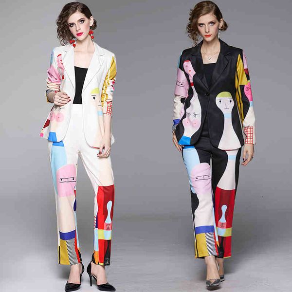 pants runway cartoon print women suit casual notched blazer jacket+elastic waist pocket pant autumn office lady 2 piece set, White
pants runway cartoon print women suit casual notched blazer jacket+elastic waist pocket pant autumn office lady 2 piece set, White