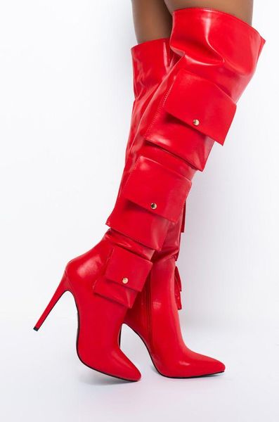 boots designer side pockets decor thigh thin high heel gladiator red leather pointed toe over the knee woman, Black
boots designer side pockets decor thigh thin high heel gladiator red leather pointed toe over the knee woman, Black
