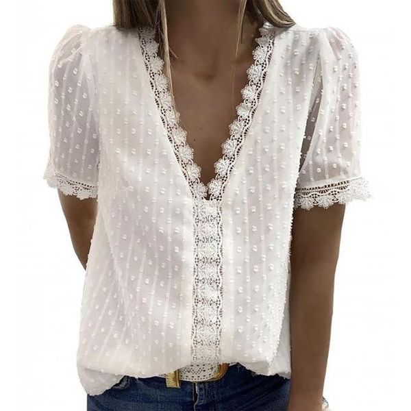 women's blouses & shirts 2021 summer women chiffon elegant v neck short sleeve blouse hollow out lace ladies solid woman shirt, White
women's blouses & shirts 2021 summer women chiffon elegant v neck short sleeve blouse hollow out lace ladies solid woman shirt, White