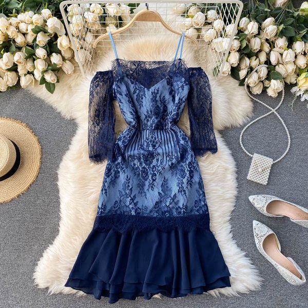 dresses women lace patchwork korean slash neck ruffle a line summer casual chiffon midi long strap, Black;gray
dresses women lace patchwork korean slash neck ruffle a line summer casual chiffon midi long strap, Black;gray