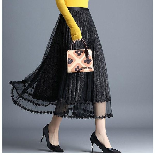 women summer solid-color bright yarn elastic-waist all-match gauze hemline a-line long pleated skirt ladies elegant streetwear skirts, Black
women summer solid-color bright yarn elastic-waist all-match gauze hemline a-line long pleated skirt ladies elegant streetwear skirts, Black