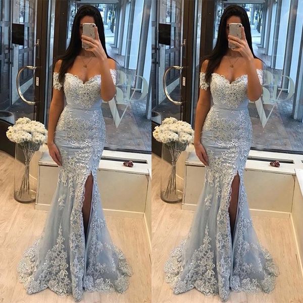 2021 blue mermaid prom dresses off the shoulder lace appliques crystal beaded high side split tulle party dress long evening gowns, Black
2021 blue mermaid prom dresses off the shoulder lace appliques crystal beaded high side split tulle party dress long evening gowns, Black
