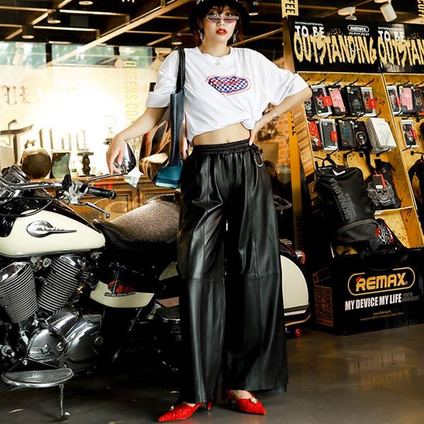 women's pants & capris autumn women wide leg loose real trousers plus size baggy elastic waist casual genuine leather female pantalon, Black;white
women's pants & capris autumn women wide leg loose real trousers plus size baggy elastic waist casual genuine leather female pantalon, Black;white