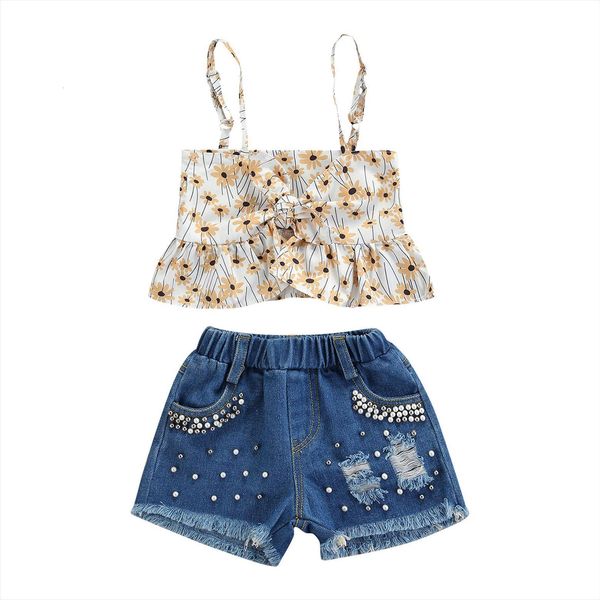 2 7y summer fashion girls clothes sets 2pcs strap bowknot flowers printed vest pearl denim shorts, White
2 7y summer fashion girls clothes sets 2pcs strap bowknot flowers printed vest pearl denim shorts, White