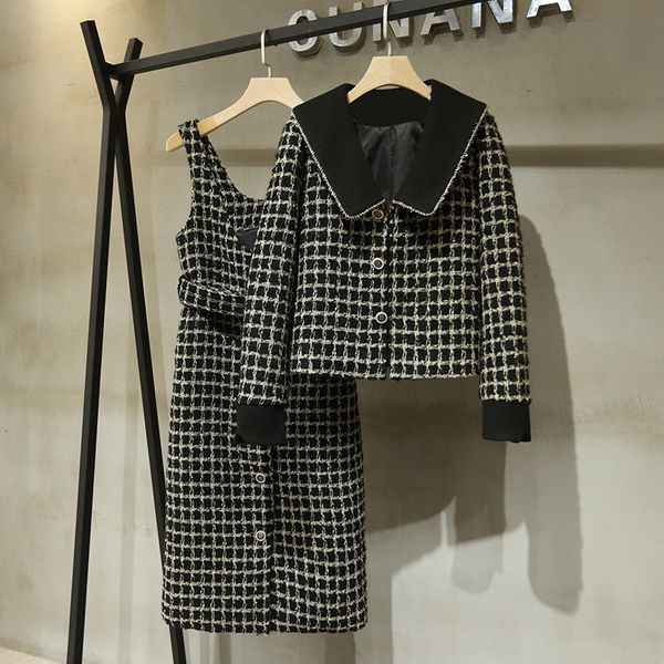 two piece dress 2021 spring fall ol suit tweed plaid jackets + pencil b388 assembly pieces, White
two piece dress 2021 spring fall ol suit tweed plaid jackets + pencil b388 assembly pieces, White