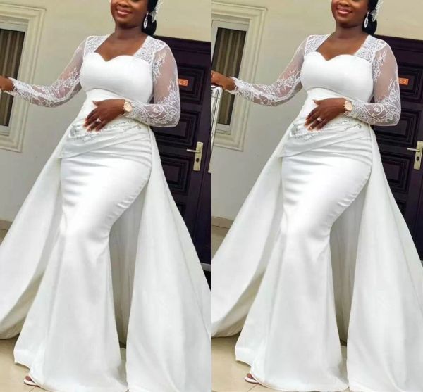 2022 long sleeves lace wedding dresses mermaid bridal gown bateau neckline beaded african plus size with overskirt custom made vestido de no, White
2022 long sleeves lace wedding dresses mermaid bridal gown bateau neckline beaded african plus size with overskirt custom made vestido de no, White