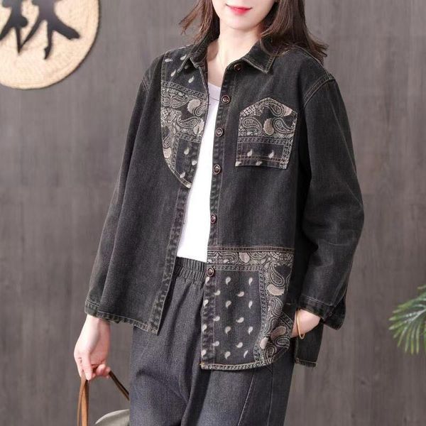 spring retro denim jacket shirt irregular print turn-down collar casual long sleeve female coat women's blouses & shirts, White
spring retro denim jacket shirt irregular print turn-down collar casual long sleeve female coat women's blouses & shirts, White