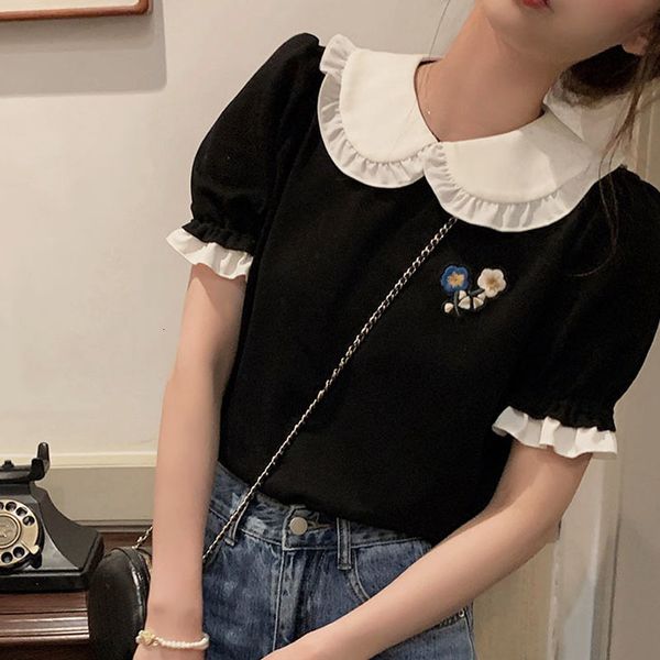 women's blouses & shirts korea style short sleeve kawaii black blouse and women casual floral embroidery female y2k crop top, White 
women's blouses & shirts korea style short sleeve kawaii black blouse and women casual floral embroidery female y2k crop top, White