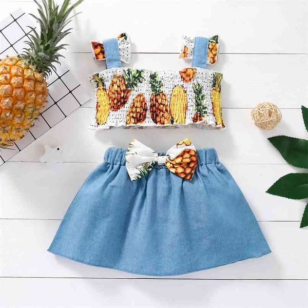 summer 2pcs baby girl fruit pineapple print sling cotton skirt sets 210528, White