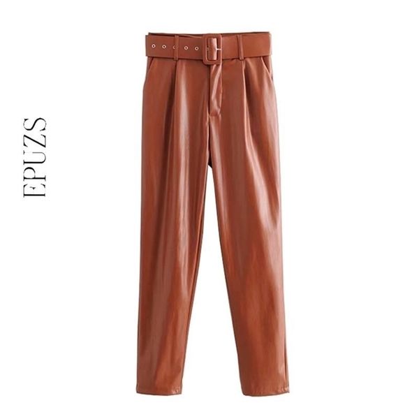 vintage belt black pu pants women joggers casual high waist streetwear female faux leather trousers 210521, Black;white
vintage belt black pu pants women joggers casual high waist streetwear female faux leather trousers 210521, Black;white