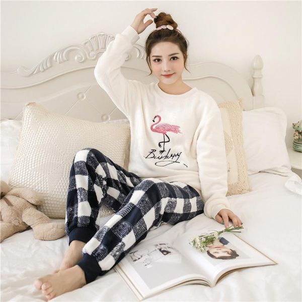 womens sleepwears women pajamas set pyjamas thick flannel cute sheep female warm winter polyester pajama long sleeve full trousers two, Black;red