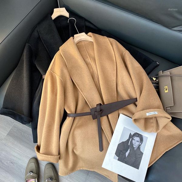 women's wool & blends 2021 autumn winter women coat scarf neck drop shoulder sleeve woman short with belt elegant solid coats 100%, Black
women's wool & blends 2021 autumn winter women coat scarf neck drop shoulder sleeve woman short with belt elegant solid coats 100%, Black
