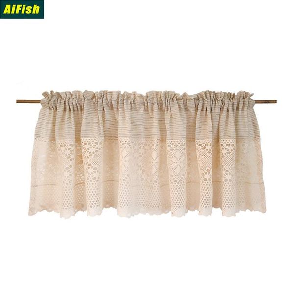 american country beige crochet half curtain for kitchen cabinet coffee drapes small bay window rod pocket short tulle fabric 25 &