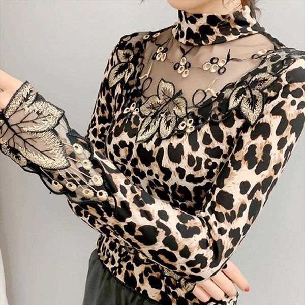 spring autumn lace womens blouses long sleeve leopard print leaf embroidery sheer basic blouse casual apparel, White 
spring autumn lace womens blouses long sleeve leopard print leaf embroidery sheer basic blouse casual apparel, White