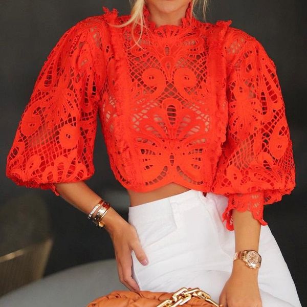 woman tshirts summer solid color hollow lace t-shirt lantern sleeve stand collar short casual long t shirt women's, White
woman tshirts summer solid color hollow lace t-shirt lantern sleeve stand collar short casual long t shirt women's, White