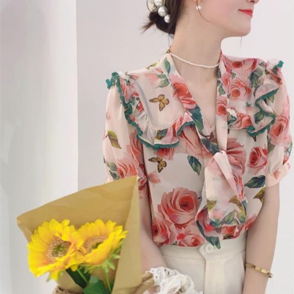 women's blouses & shirts 2021 summer korean version lapel ribbon foreign style flower comfortable fashion temperament short sleeve chif, White
women's blouses & shirts 2021 summer korean version lapel ribbon foreign style flower comfortable fashion temperament short sleeve chif, White