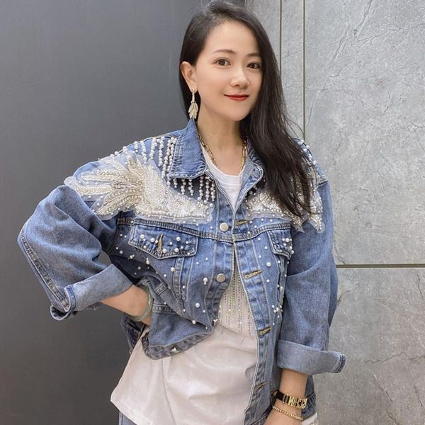 women's jackets pearls embellished denim jacket for women light blue vintage coat bead embroidery autumn winter outwear y925, Black;brown
women's jackets pearls embellished denim jacket for women light blue vintage coat bead embroidery autumn winter outwear y925, Black;brown