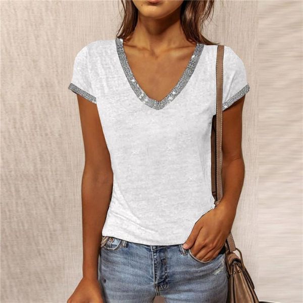 women's t-shirt summer t shirts street v-neck patchwork contrast tees casual slim short-sleeved, White
women's t-shirt summer t shirts street v-neck patchwork contrast tees casual slim short-sleeved, White