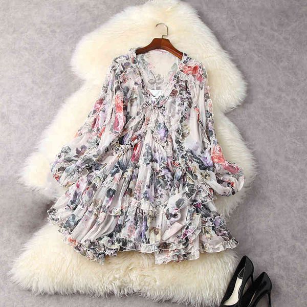 high street est designer runway dresses women's v-neck floral print ruffles dress 210521, Black;gray
high street est designer runway dresses women's v-neck floral print ruffles dress 210521, Black;gray
