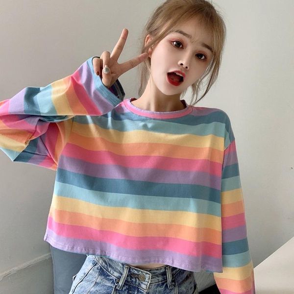 women's t-shirt spring autumn korean style wild cute rainbow stripes short long-sleeved hooded sweater top, White
women's t-shirt spring autumn korean style wild cute rainbow stripes short long-sleeved hooded sweater top, White