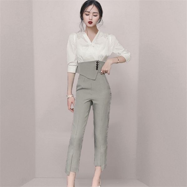 spring women 2 piece set elegant office lady outfits hit color blouse and ol plaid pants fashion sets 210519, White
spring women 2 piece set elegant office lady outfits hit color blouse and ol plaid pants fashion sets 210519, White