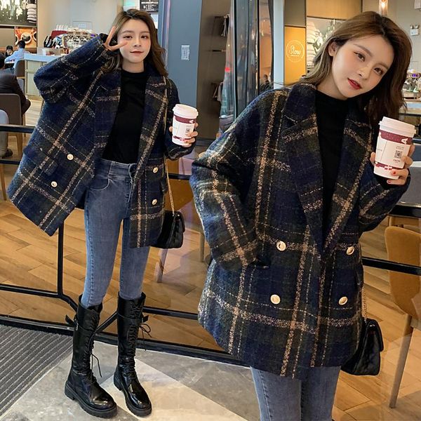 women's wool & blends women long grid coat fashion korean preppy style woolen versatile casual double breasted temperament warm oversiz, Black
women's wool & blends women long grid coat fashion korean preppy style woolen versatile casual double breasted temperament warm oversiz, Black