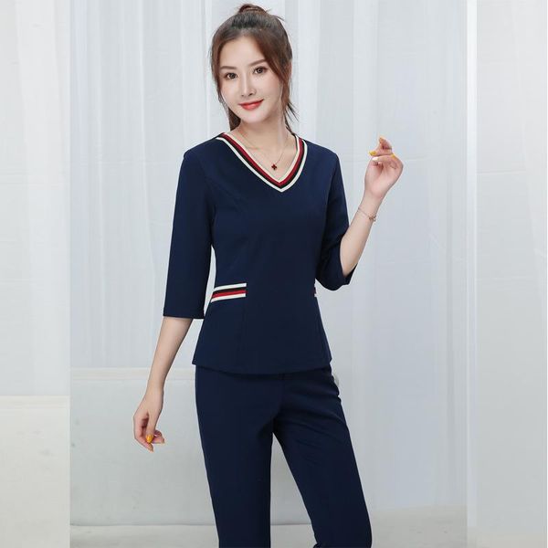 two piece dress women fashion scrubs set v-neck short sleeves beauty health workwear spa nursing uniform f643, White
two piece dress women fashion scrubs set v-neck short sleeves beauty health workwear spa nursing uniform f643, White