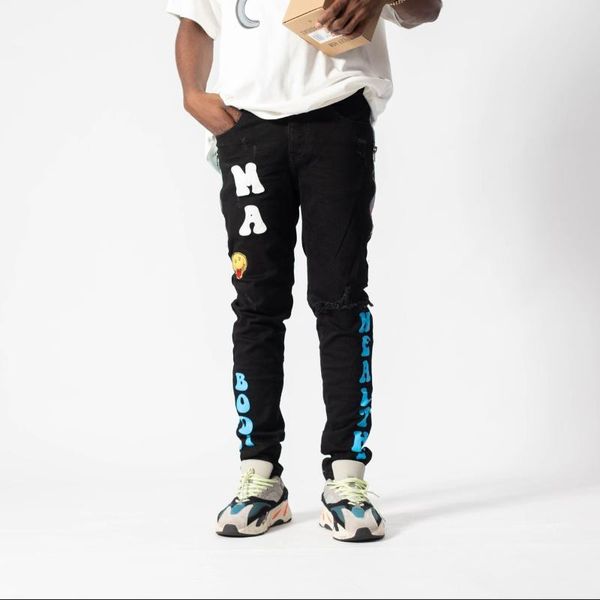 men's jeans high street hip-hop print patch stitching slim-fit slim-leg casual pants, Blue
men's jeans high street hip-hop print patch stitching slim-fit slim-leg casual pants, Blue