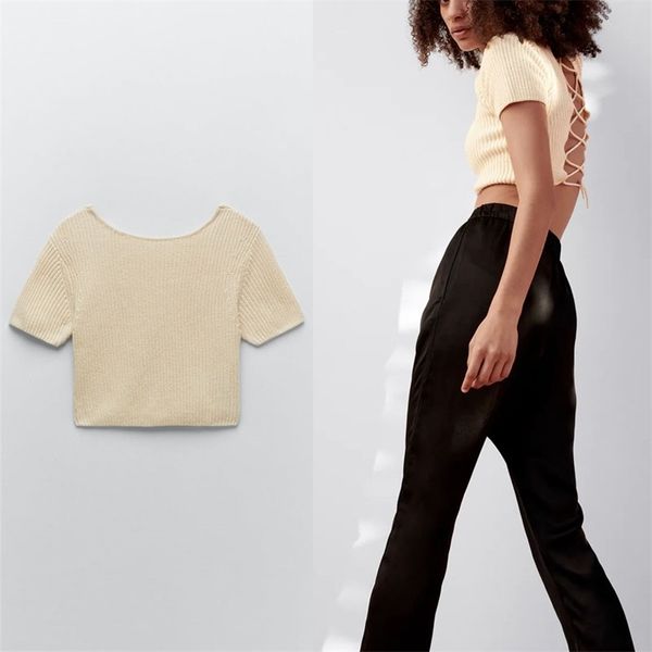 back straps crop knit women short sleeve o neck less summer sweater feminine open casual pullover 210524, White
back straps crop knit women short sleeve o neck less summer sweater feminine open casual pullover 210524, White