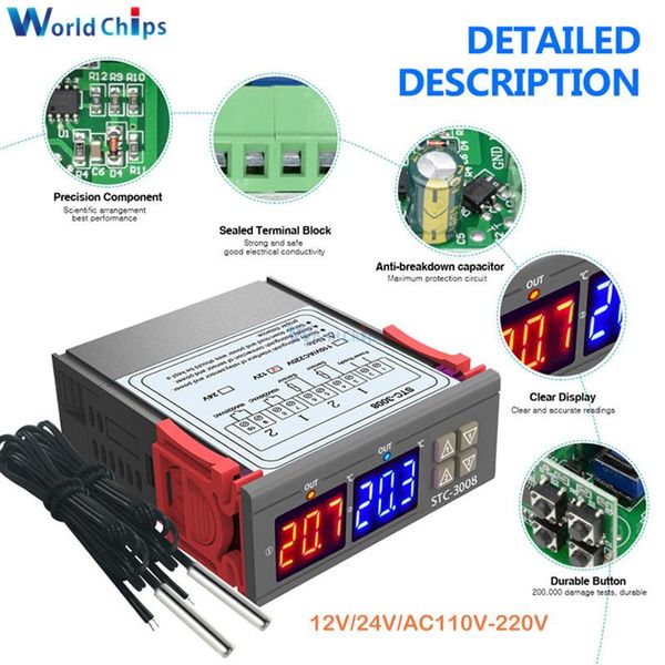 integrated circuits dual digital temperature controller two relay output thermostat thermoregulator 10a heating cooling stc-3008 12v 24v 110
integrated circuits dual digital temperature controller two relay output thermostat thermoregulator 10a heating cooling stc-3008 12v 24v 110